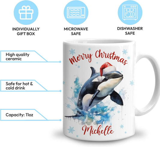 Hyturtle Personalized Gifts Orca Lover - Merry Christmas Customized Name Ceramic Coffee Mug Cup 11oz - Cute Sea Animal Lovers Gifts For Women, Girl kids Family On Birthday, Christmas
