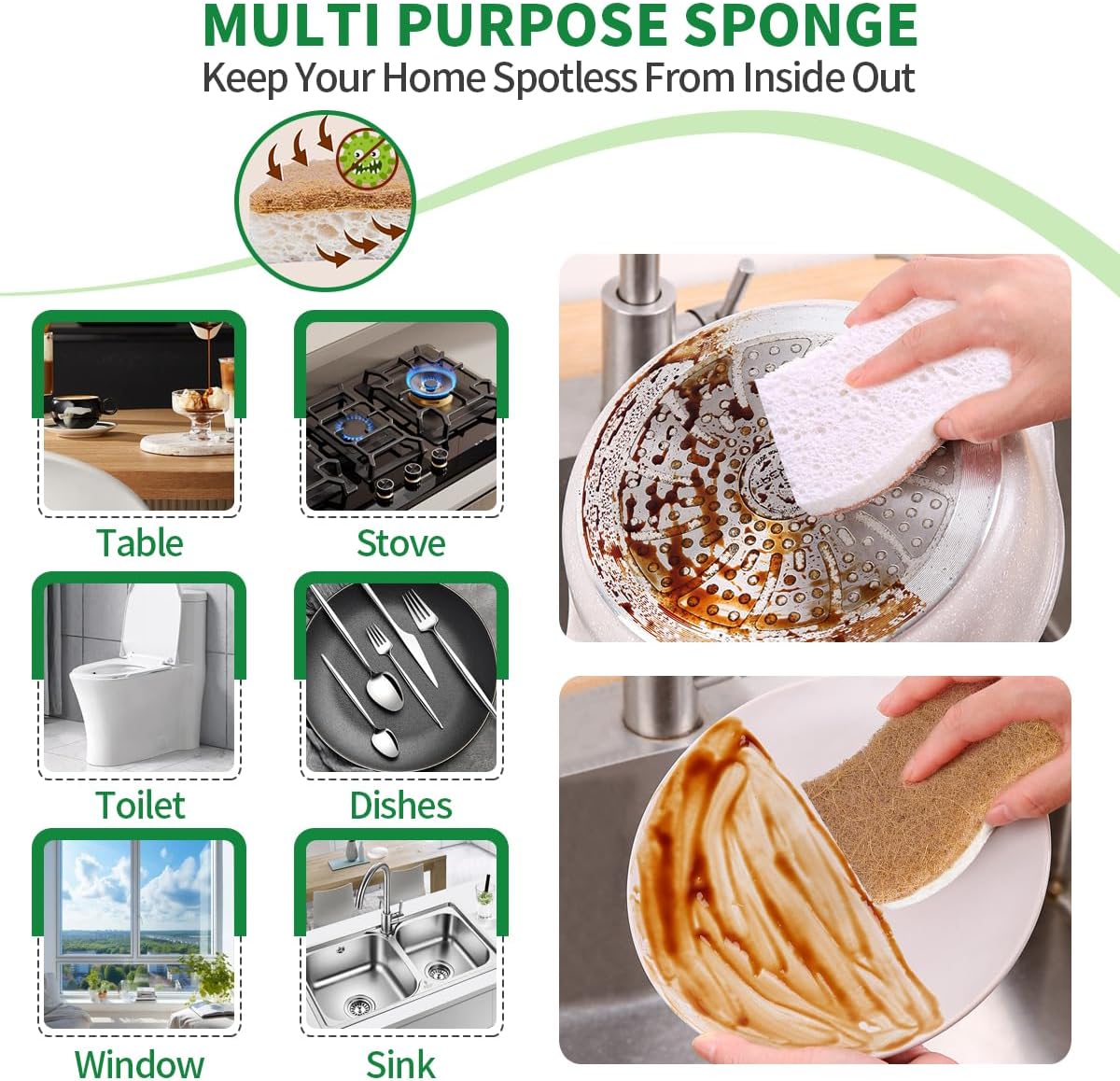 Sponges Kitchen Natural Dish Sponge Plant-Based Biodegradable Compostable Cellulose with Coconut Scrubber Sponge Non Scratch Eco Friendly Kitchen sponges for Kitchen Dishes(Pack of 12)