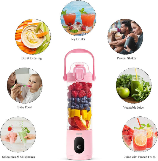 Portable Blender - Cordless 24oz. Personal Blender for Shakes and Smoothies, Licuadora, BPA Free - Ice Crush, Dishwasher safe parts, Waterproof, Triple Batteries, Juicer Cup (Pink)