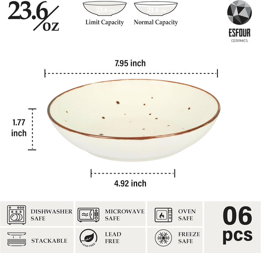 Esfour 8 Inch Porcelain Pasta Bowl, 23.6 Ounces Salad Bowls, Microwave & Dishwasher Safe, Sturdy & Stackable, Set of 6 Ceramic bowls Plates Set, Wide Shallow salad Bowls Set, Classic Assorted Colors