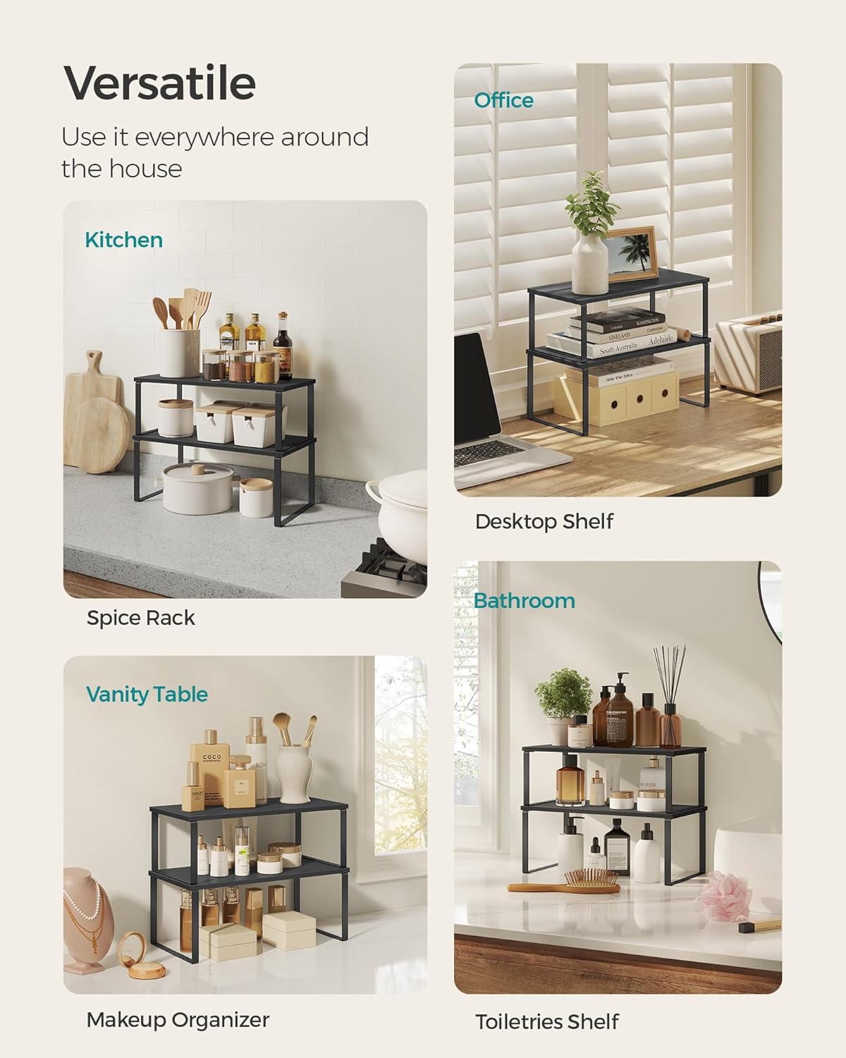 SONGMICS Cabinet Organizer Shelf, Set of 4 Kitchen Counter Shelves, Kitchen Storage, Spice Rack, Stackable, Expandable, Metal and Engineered Wood, Ink Black and Ebony Black UKCS028B01