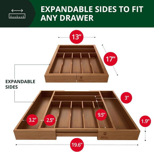 ROYAL CRAFT WOOD Luxury Bamboo Kitchen Drawer Organizer - Silverware Organizer - Utensil Holder and Cutlery Tray with Grooved Drawer Dividers for Flatware and Kitchen Utensils (9 Slot, Brown Bamboo)