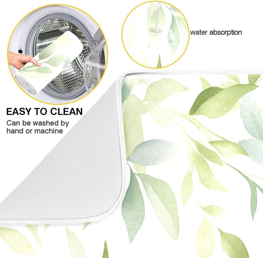 Sage Green Leaves Dish Drying Mat for Kitchen Counter Super Absorbent Dishes Pad Reversible Microfiber Protector Dish Draining Mats 18x24 inch