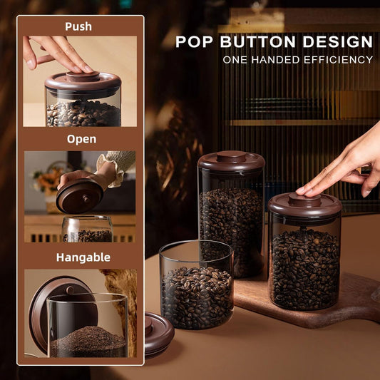 Ankou Glass Coffee Canister 900ml x 2 Jar, Airtight Food Storage Container with Pop Lid, Kitchen High Borosilicate Glass Contianers For Tea Coffee Bean Sugar