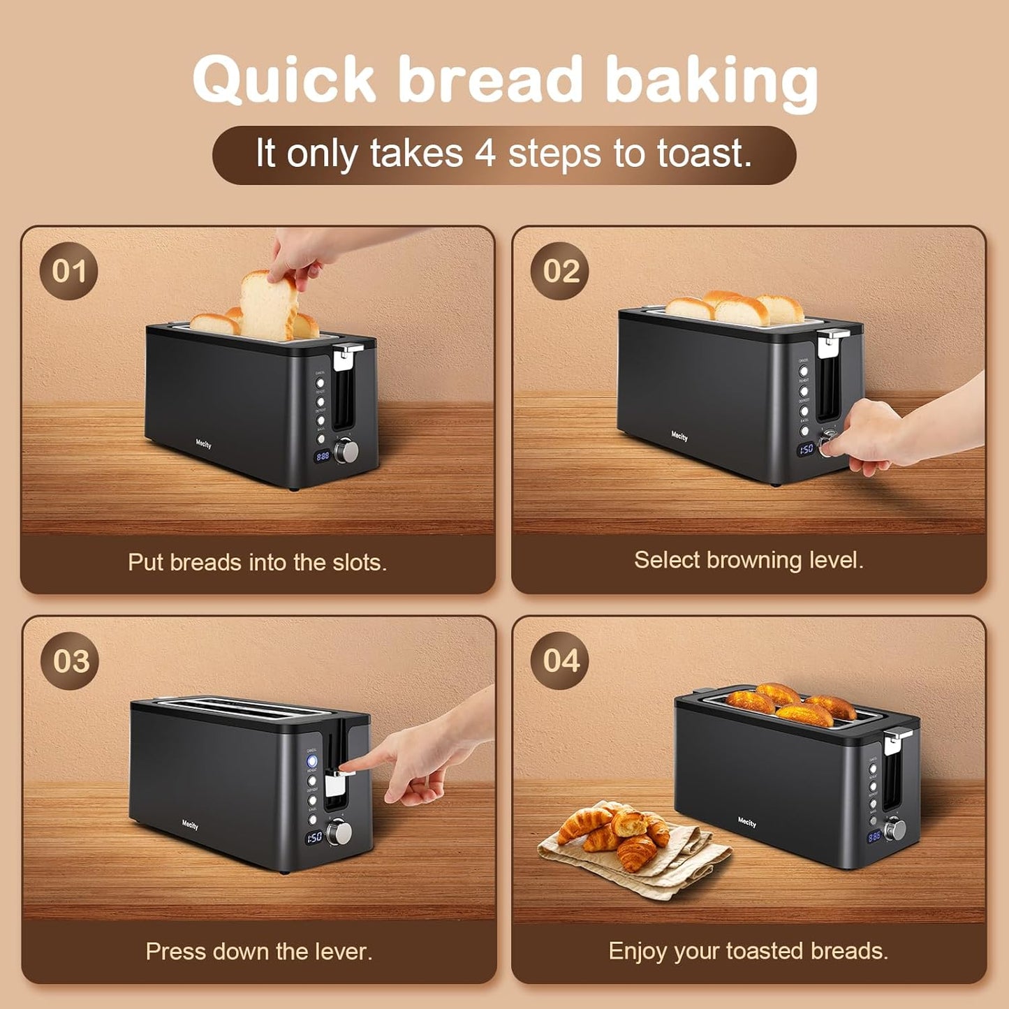 Mecity 4 Slice Toaster, Long Slot Toaster with Timer, Bagel, Defrost, Reheat, Cancel Functions, Warming Rack, Removable Tray, 6 Browning Settings, Extra Wide Slots, Stainless Steel, 1300W