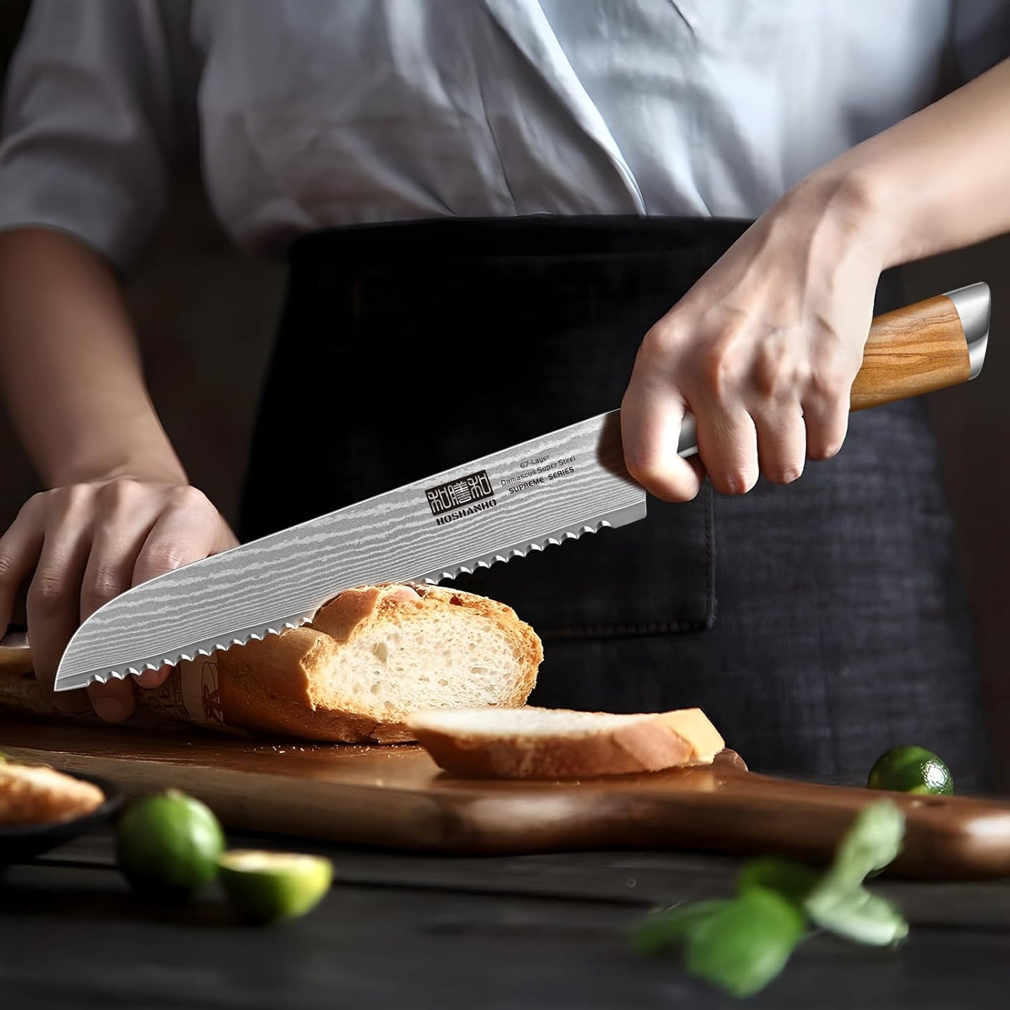 HOSHANHO Bread Knife 8 Inch, Damascus Steel Bread Kitchen Knife with Ergonomic Olive Wood Handle, Professional Ultra-Sharp Serrated Knife for Homemade Bread, Sourdough Bread Cutting