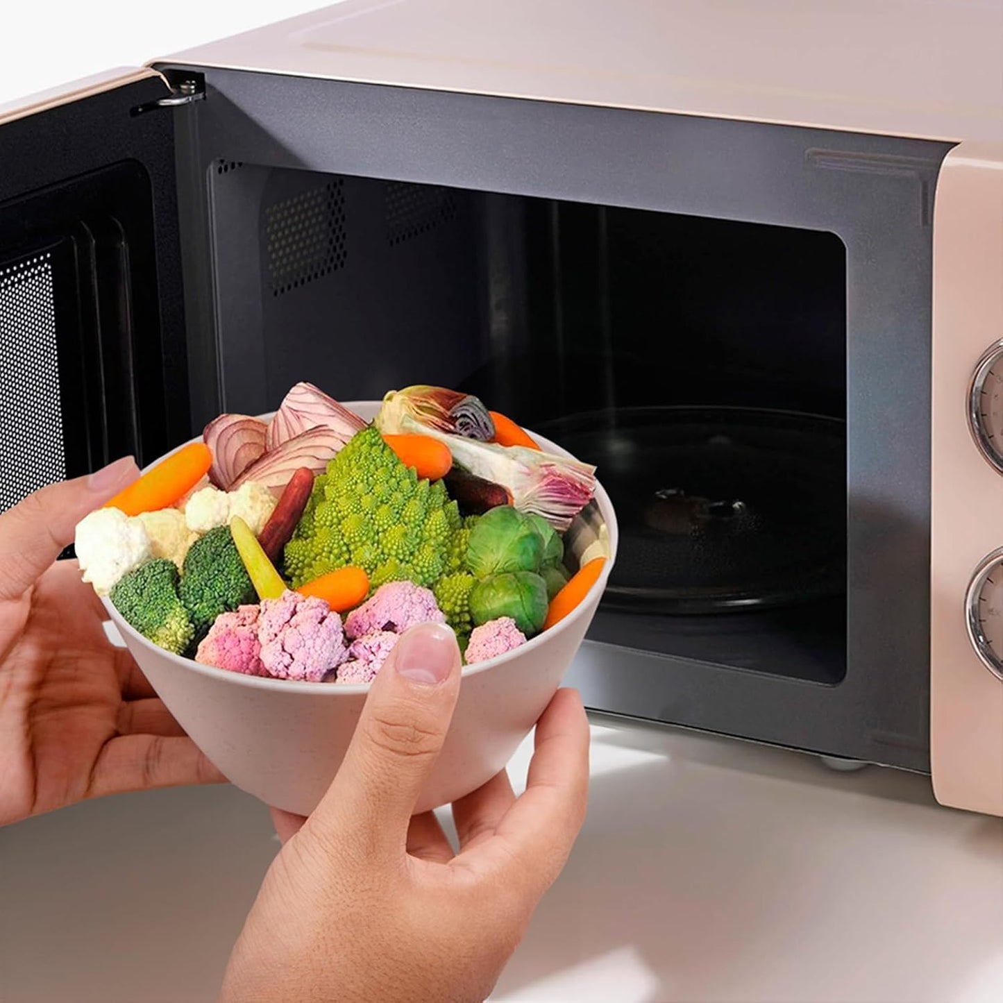 LIYH 48 Pcs Beige Plastic Wheat Straw Dinnerware Set - Reusable Plates and Bowls Sets,Unbreakable Plates Dishes Bowl Cup Outdoor Camper Dish Set for 12