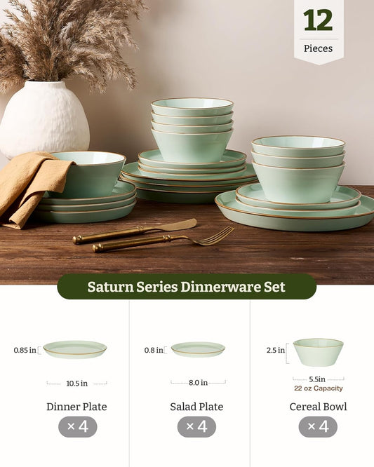 Famiware Saturn Dinnerware Sets, Plates and Bowls Sets for 4, 12 Pieces Stoneware Dish Set - Chip and Scratch Resistant, Microwave and Dishwasher Safe Tableware Set, Light Green with Rim