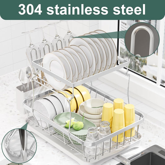 LIYI Dish Drying Rack,Large Dish Rack for Kitchen Counter,2-Tier Dish Racks with draining Tray,Detachable Capacity Dish Drainer Organizer,White