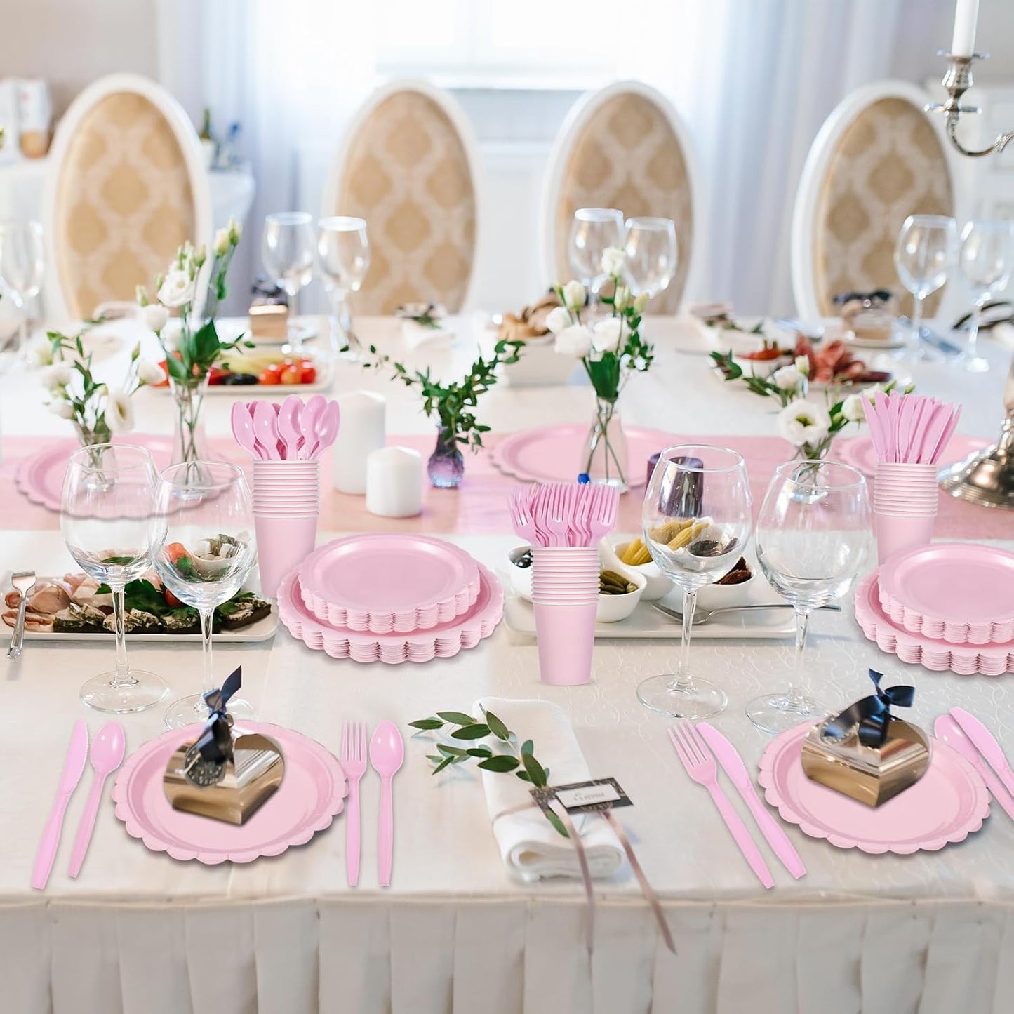 175 Pcs Pink Paper Plates and Napkins, Light Pink Party Supplies Include Scalloped Plate Napkins Cups Plastic Spoons Forks Knives for Baby Shower, Wedding, Birthday