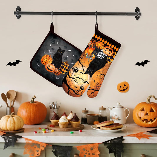 Halloween Cat Oven Mitts and Pot Holders Sets 2Pcs, 100% Cotton Heat Resistant, Extra Long Oven Gloves Potholder for Kitchen Cooking Baking Decoration