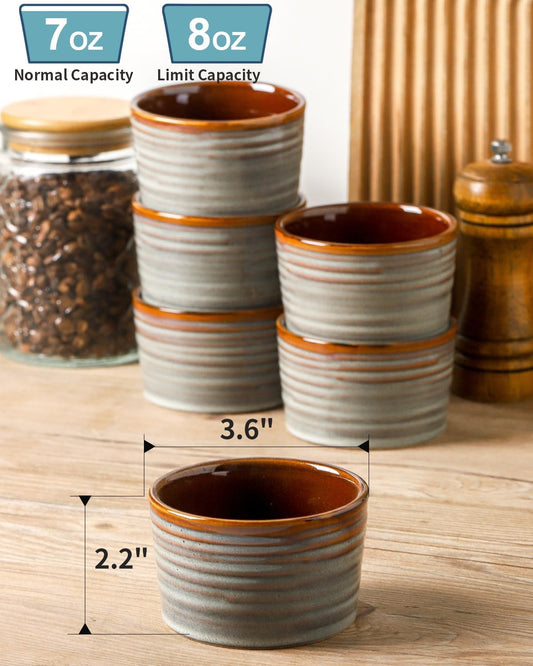 Hasense Creme Brulee Ramekins Oven Safe, 8 Ounce Ceramic Souffle Dish Set of 6, Small Dipping Sauce Bowls for Pudding, Souffle, Serving Dip, Custard, Ice Cream, Light Grey