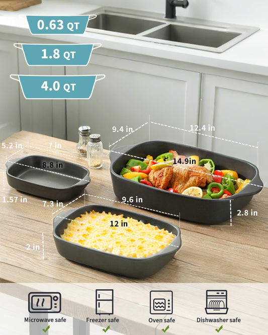 Casserole Dishes for Oven, Stoneware Baking Dishes Set of 3, Ceramic Baking Pan, Deep Rectangular Lasagna Pan, Farmhouse Bakeware Sets for Christmas Gift, (14.9"/12"/8.8"), Matte Black
