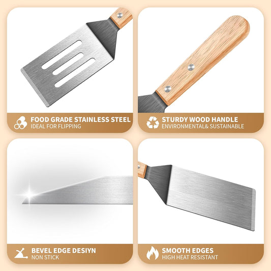 Stainless Steel Spatula Set, Metal Spatula for Cast Iron Skillet, Metal Spatulas for Kitchen Use with Wooden Handle, Ideal for Frying Steak, Pancake, Cookie, Burger, Brownie or Desserts