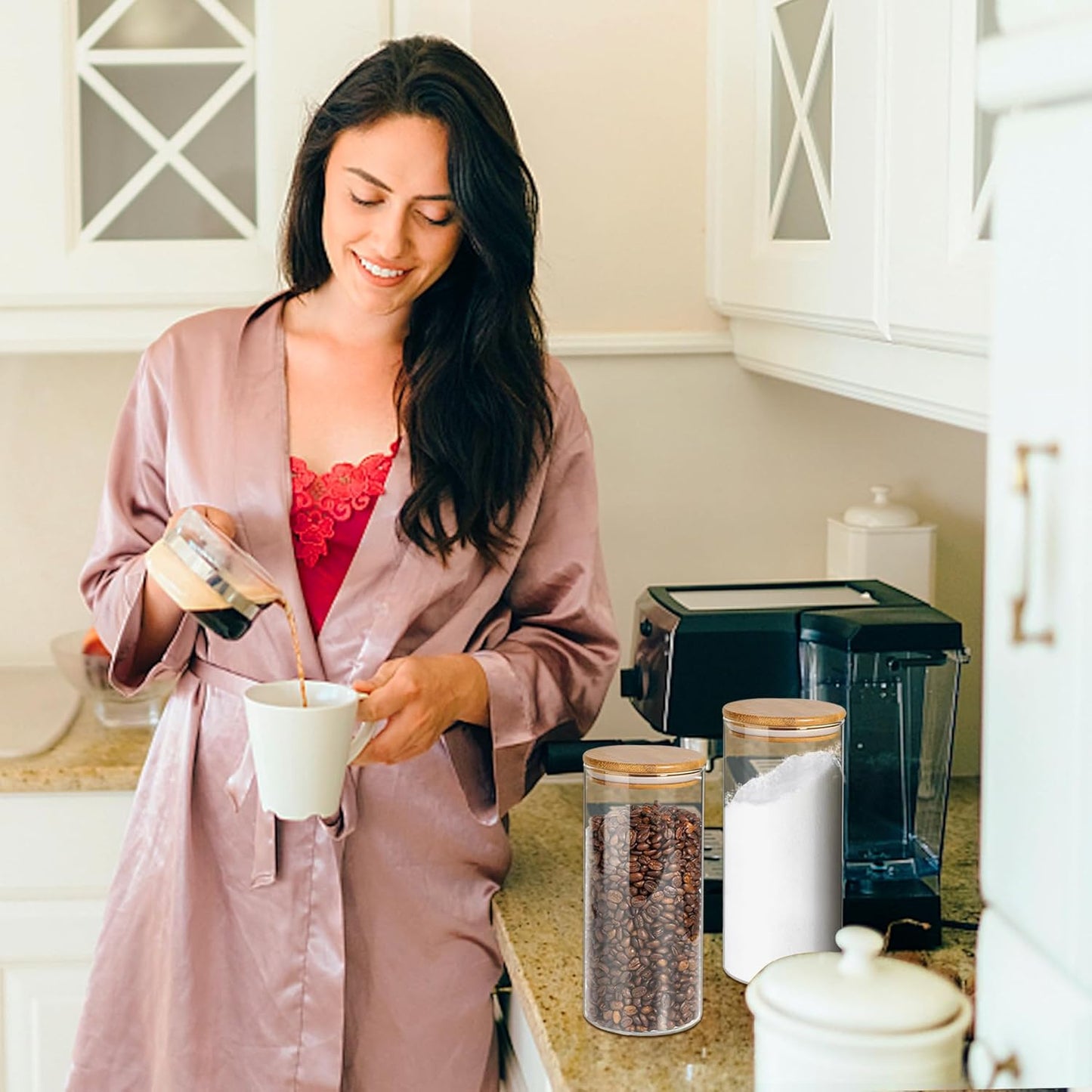 SLifeJars-32 oz Glass Jars with Bamboo Lids 8 pcs Glass Food Storage Containers with Airtight Bamboo Lids, Glass Canisters Stackable Kitchen Pantry bamboo lid for Coffee Beans, Rice, Sugar and More