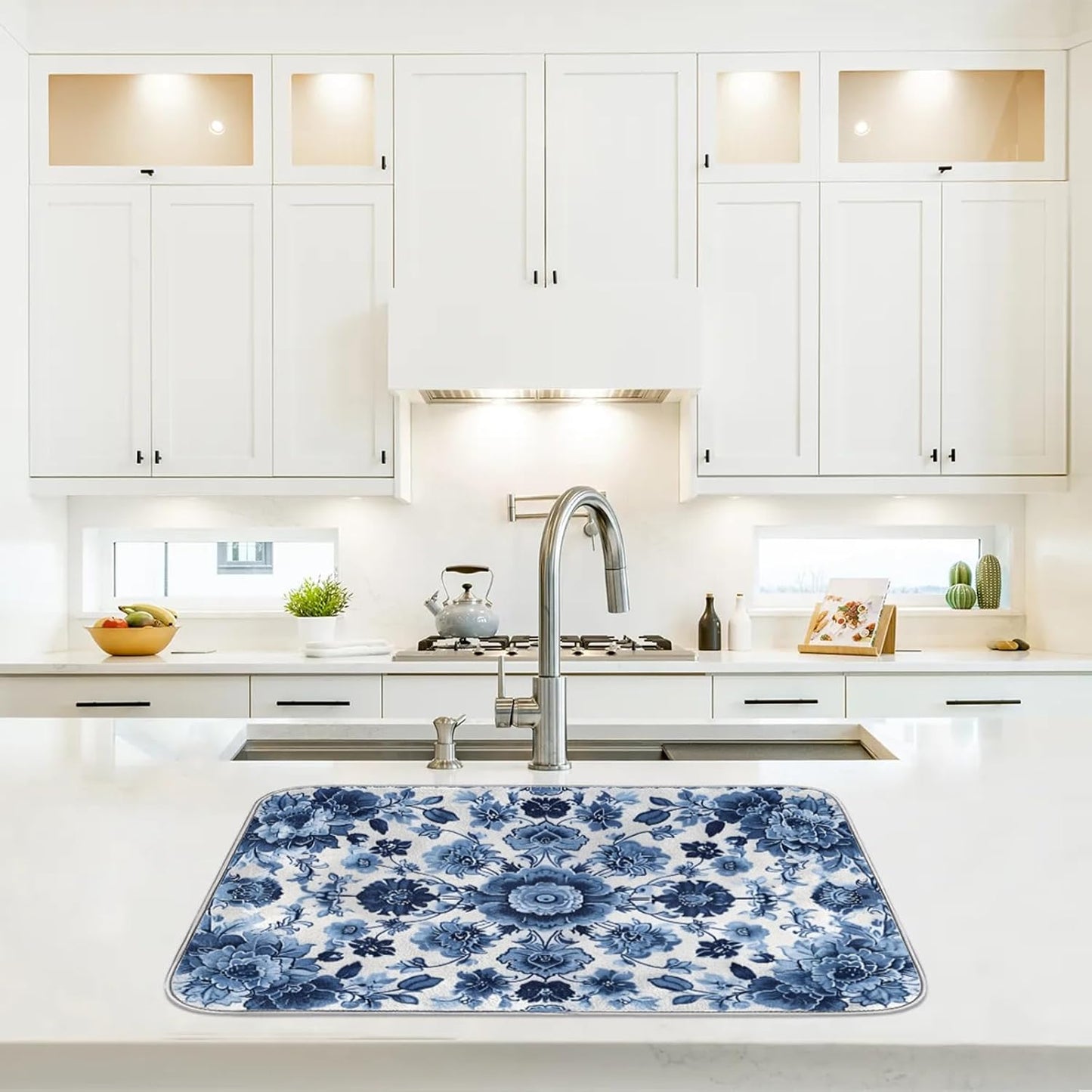 Dish Drying Mat for Kitchen - Blue Flower Print Microfiber Kitchen Mat, Watercolor Non-Slip Absorbent Sink & Countertop Protector, Reusable for Dishes Bowl Cup Pan 18x24 Inches