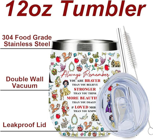 Magical Cute Wine Tumbler, Inspired Character Christmas Birthday Gifts for Women Girls Magic Inspirational Encouragement Gifts Coffee Cup Insulated Stainless Steel 12oz Wine Glass with Lid, Straw
