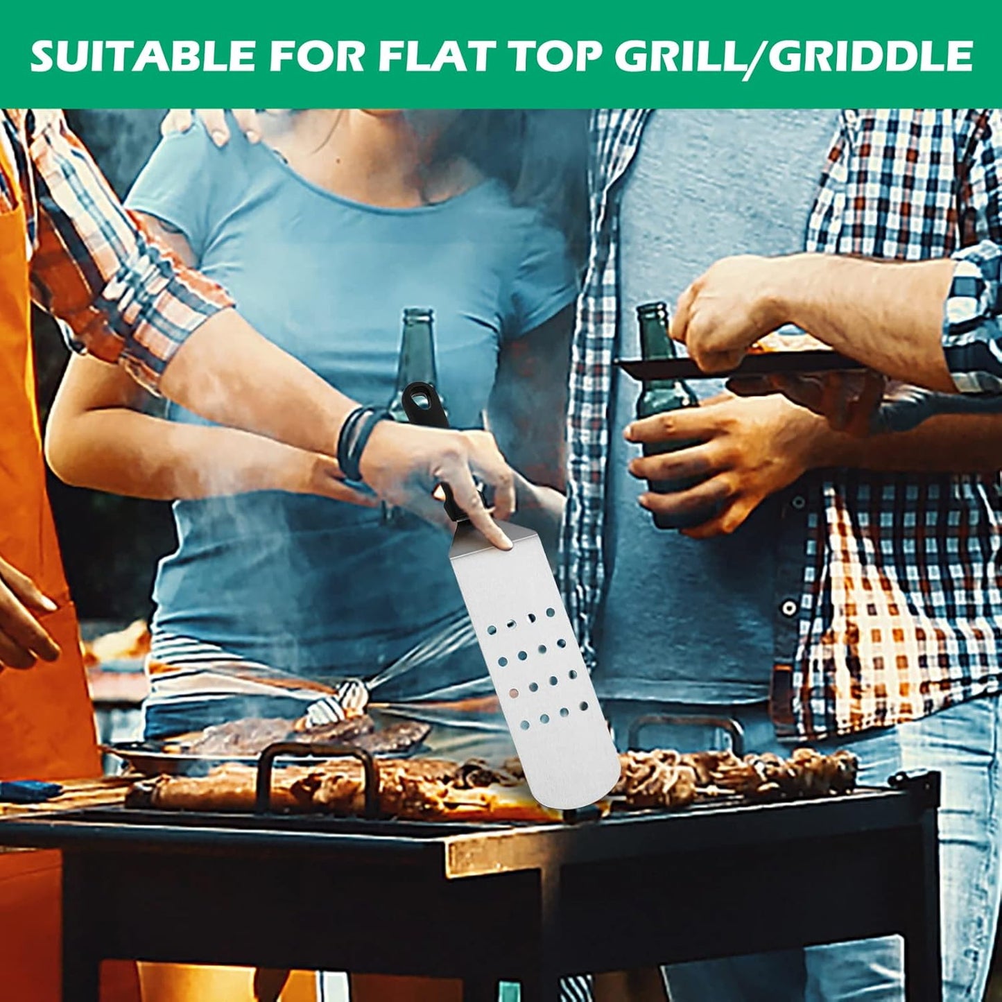 Metal Spatula Set of 2, HaSteeL 14.5 x 2.8In Heavy Duty Perforated & Solid Griddle Tuner Flipper, Long Stainless Steel Griddle Tools for Flat Top Teppanyaki Hibachi Grilling Camping, Easy to clean