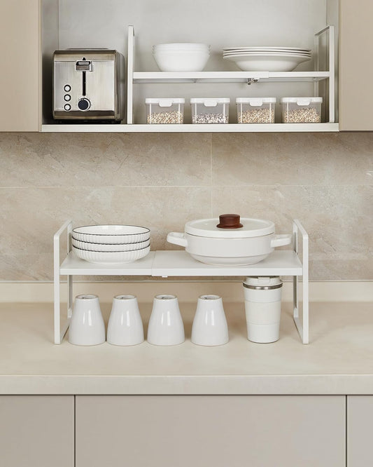 Nxconsu Cabinet Shelf Organizer Expandable 5 Heights Adjustable Stackable Rack Riser for Kitchen Pantry Cupboard Under Sink Organization Storage Space Saver Heavy Duty Metal White