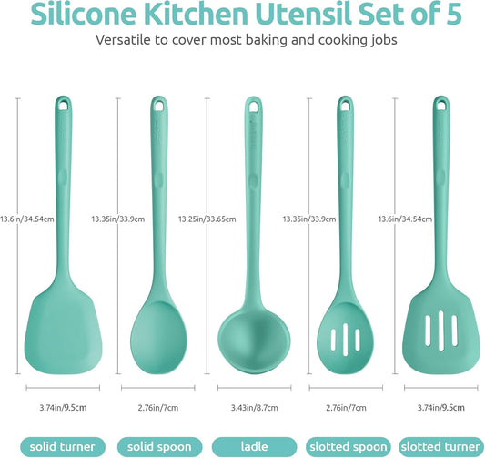 600ºF Heat Resistant Kitchen Utensil: U-Taste 13.6" Extra Long Silicone Cooking Tools Set, Food-Grade Non-Stick Solid and Slotted Turner Spatula, Mixing Spoon, and Soup Ladle (5 Pieces, Aqua Sky)
