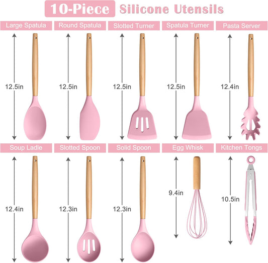 E-far Silicone Cooking Utensils Set, 10-Piece Kitchen Utensils Set with Wooden Handle for Cooking, Non-toxic Silicone Kitchen Nonstick Tools Spatula Whisk Tongs Ladle, Heat Resistant & Health, Pink