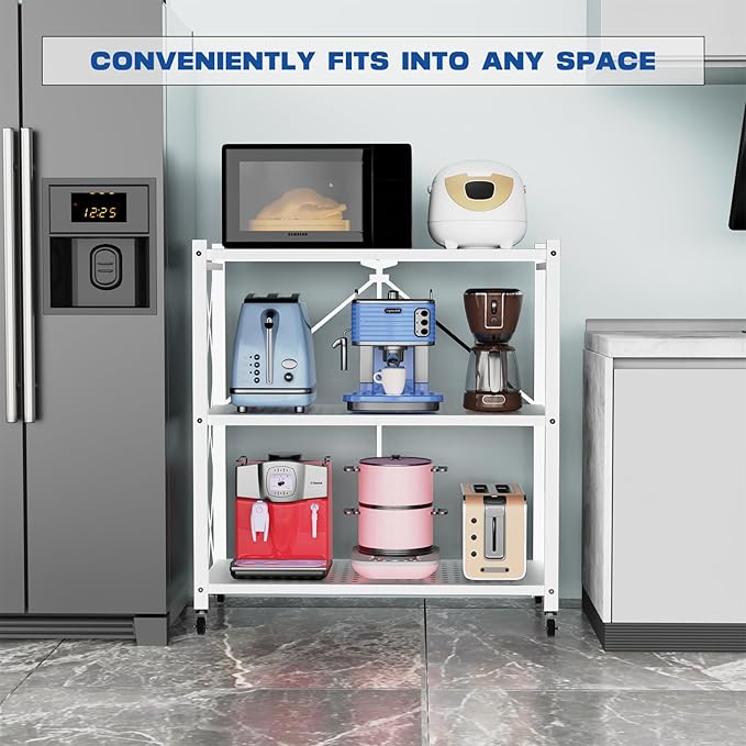 Lifetime Home 3-Tier Foldable Storage Shelf with Wheels - Metal Rack Collapsible Shelving Unit Display, Rolling Cart for Books Kitchen Storage Shelves, Pantry & Closet Organizer, Office Room Decor