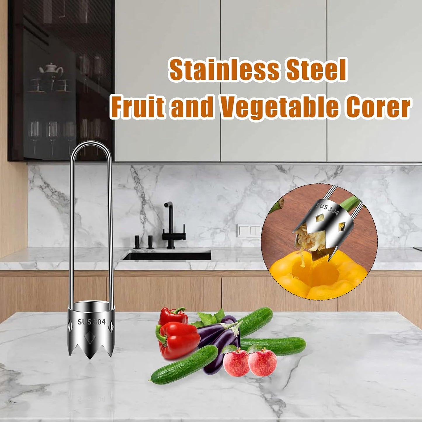 Red Bell Pepper Corer - Pepper, Pineapple, Pear, Apple Corer - 304 Stainless Steel, Rust Resistant, Designed for a Wide Range of Fruits and Vegetables - Easy to Clean