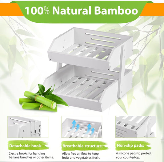 Bamboo Fruit Basket for Kitchen - 2 Tier Fruit Bowl, Large Holder With Banana Hangers, Idea For Vegetable Storage, Bread Display, Snack Organizer (White)