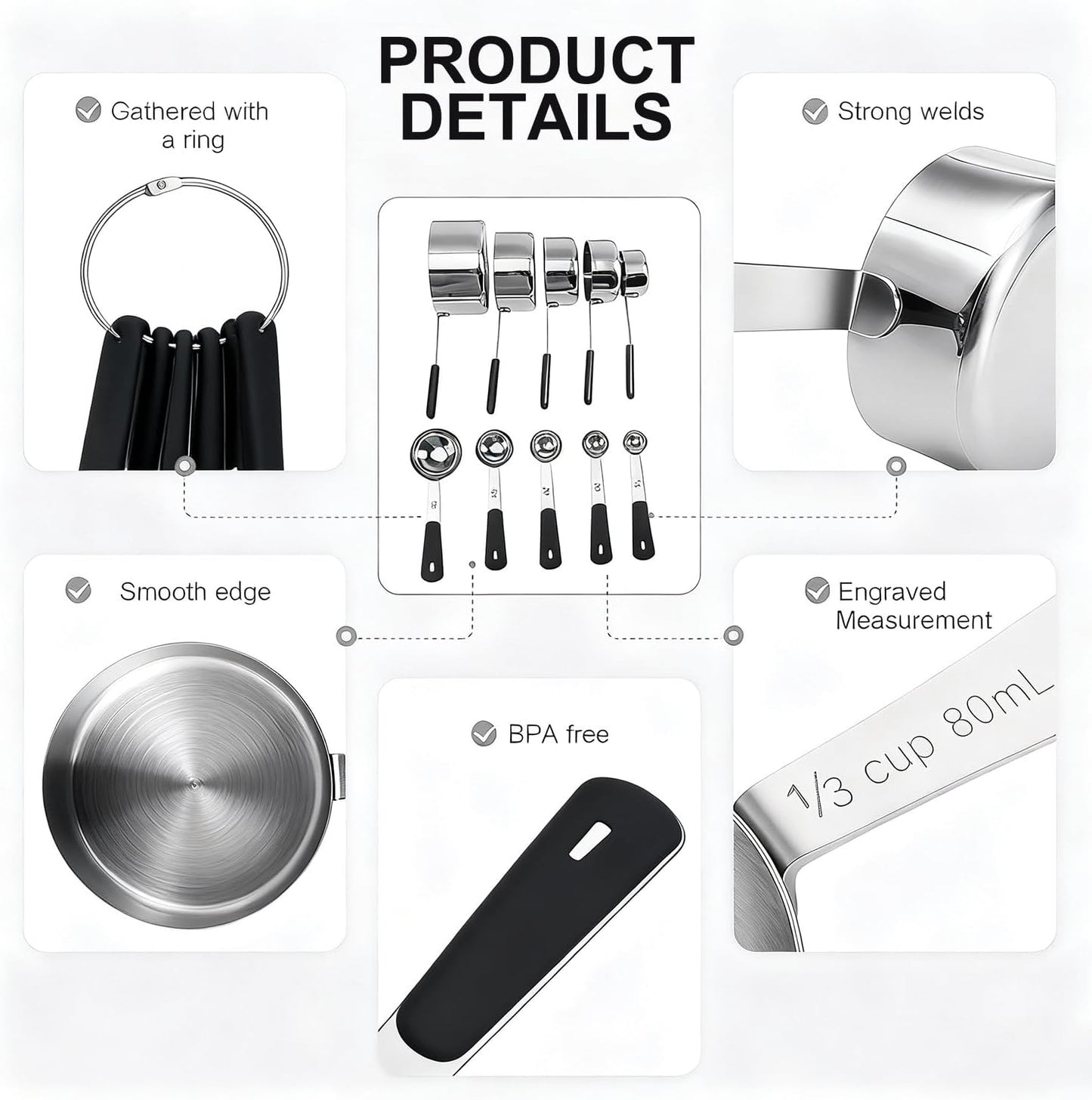 Measuring Cups and Spoons Set, Stainless Steel 10 Piece for Cooking and Baking (5 Cups + 5 Spoons, Black Handle)