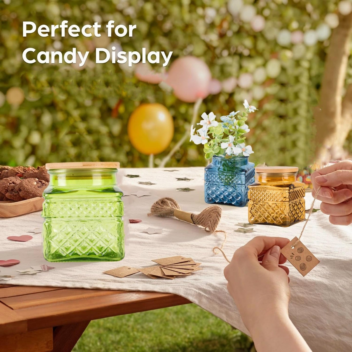 Glass Storage Canister with Airtight Lids, 20.3 oz Candy Jar Cute Jar for Ground Coffee, Tea Bag, Snacks Vintage Decorative Glass Jars for Coffee Bar Kitchen Counter Table