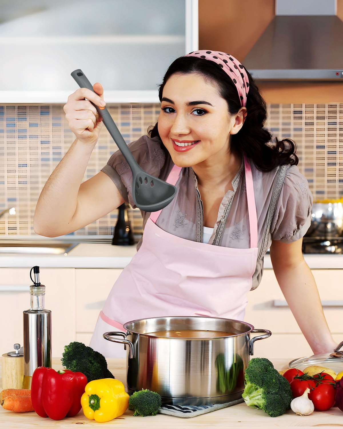 Silicone Pasta Fork and Ladle Spoon Set, Large Non Stick Kitchen Utensils for Cooking,Stirring,One Piece Serving Spaghetti, Soup, Sauce (GREY)