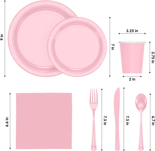 Exquisite 350 Pcs Pink Paper Plates For Party, Pink Disposable Plates Set, 50 Of Each 9" Dinner Plate Set, 7" Dessert Plate, Cups, Napkins & Cutlery Paper Dinnerware
