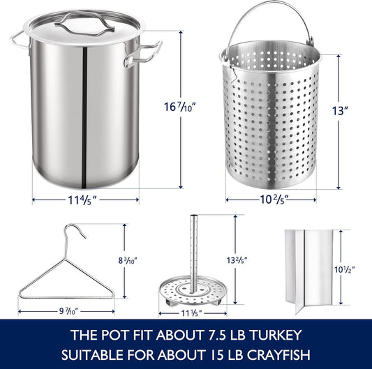 ARC 32QT Stainless Steel Stock pot 6-Piece For Seafood Boil Pot with Basket and Steamer Rack,Cookware for Crawfish Crab Shrimp Lobster Boiling Pot, Turkey Fryer Pot, Tamale Steamer Pot with Strainer