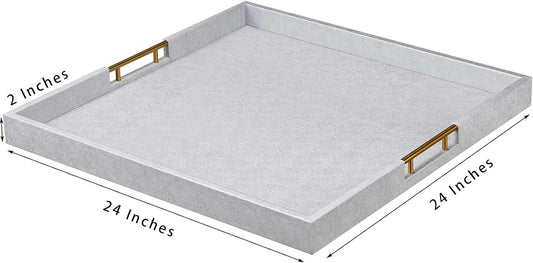 24x24 Inches Extra Large Silver Faux Leather Wrapped Wood Ottoman Tray with Golden Handles for Serving Food and Breakfast On Bed, Square Coffee Table Organizer, Home Decor and Decorative