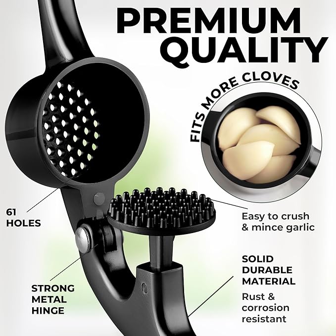 Zulay Kitchen Large Premium Garlic Press Set - Bigger Bowl for Bigger Garlic - Rust Proof & Dishwasher Safe Garlic Mincer Tool - Easy-Squeeze, Easy-Clean Silicone Garlic Peeler & Brush (Black)