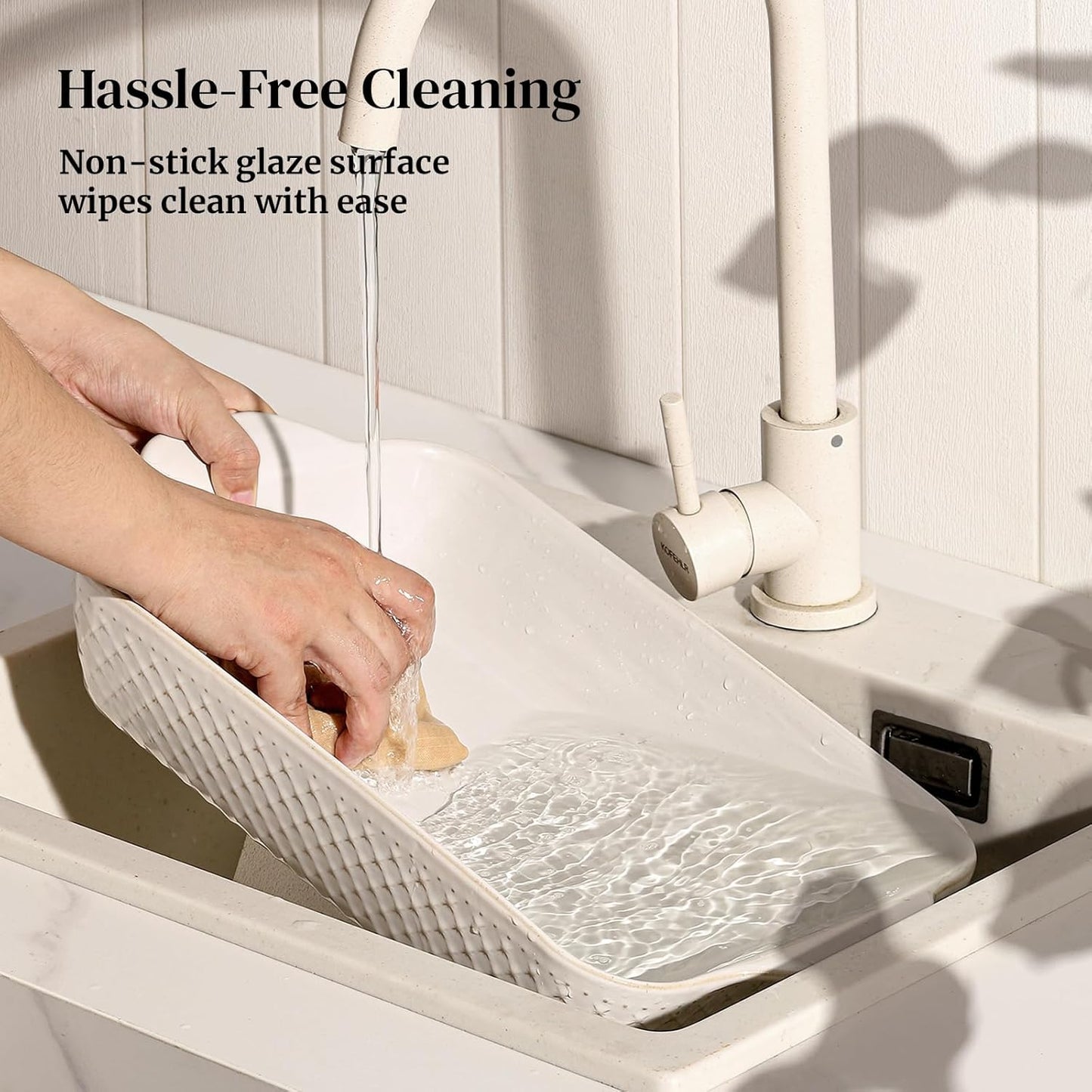 DOWAN 9x13 Deep Lasagna Baking Dish, Ceramic Casserole Dish for Oven, 4 Quarts Embossed Baking Pan with Handles, Oven Safe Bakeware for Roasting, Desserts, Durable & Giftable, Arctic White