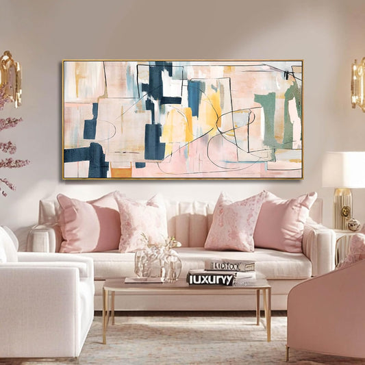 Pink Wall Art Abstract Wall Decorations Navy Blue Artwork Wall Pictures for Living Room Framed Wall Decor 24"x48"