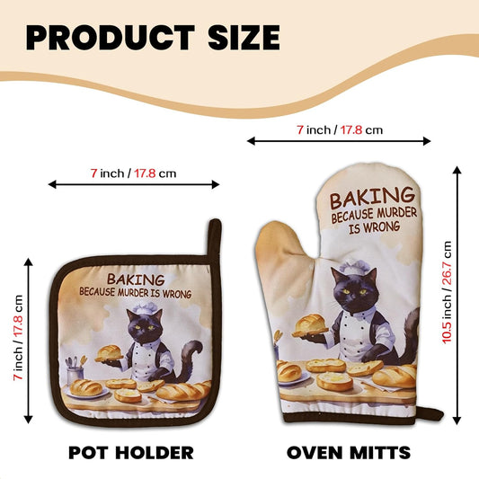 Funny Baking Cat Oven Mitts and Pot Holders(Set of 2) Baking Because Murder is Wrong Baker Mitts for Kitchen Decor Silicone Non-Slip Oven Mitts Cat Lover Gift Birthday Gift for Friend Chef
