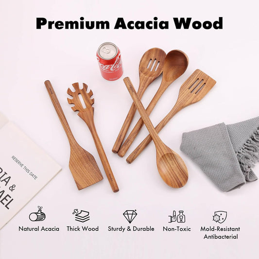 Acacia Wood Utensils Set - 6 Piece Handmade Wooden Spoons for Cooking, Natural Acacia Wood Kitchen Utensils for Non-stick Cookware, Turner, Serving Spoon, Slotted Spoon, Soup Ladle, Spaghetti