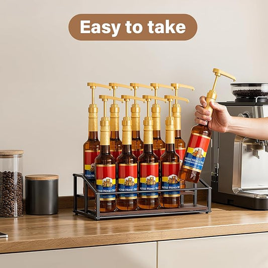 Coffee Syrup Organizer Rack, Liquor Bottle Display Shelf, 2 Tier 10 Syrup Bottles Holder Stand for Coffee Bar Kitchen Small Wine Rack for Family Storage for Syrup Wine Dressing