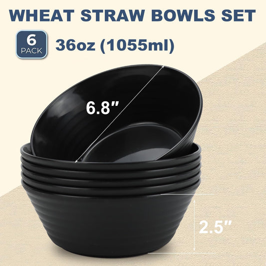 Wrova Wheat Straw Bowl Sets,6 PCS Unbreakable Cereal Bowl 36 OZ,Microwave and Dishwasher Safe Bowls,Soup Bowl Sets BPA Free Apartment Bowl for Serving Cereal,Oatmeal and Salad (Black)