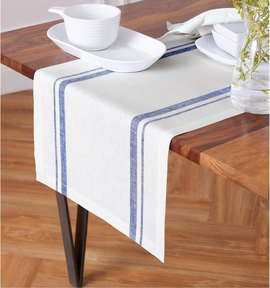 Solino Home Striped Linen Table Runner 90 Inches Long - French Stripe 100% Pure Linen Navy and White Dining Table Runner 16 x 90 Inch