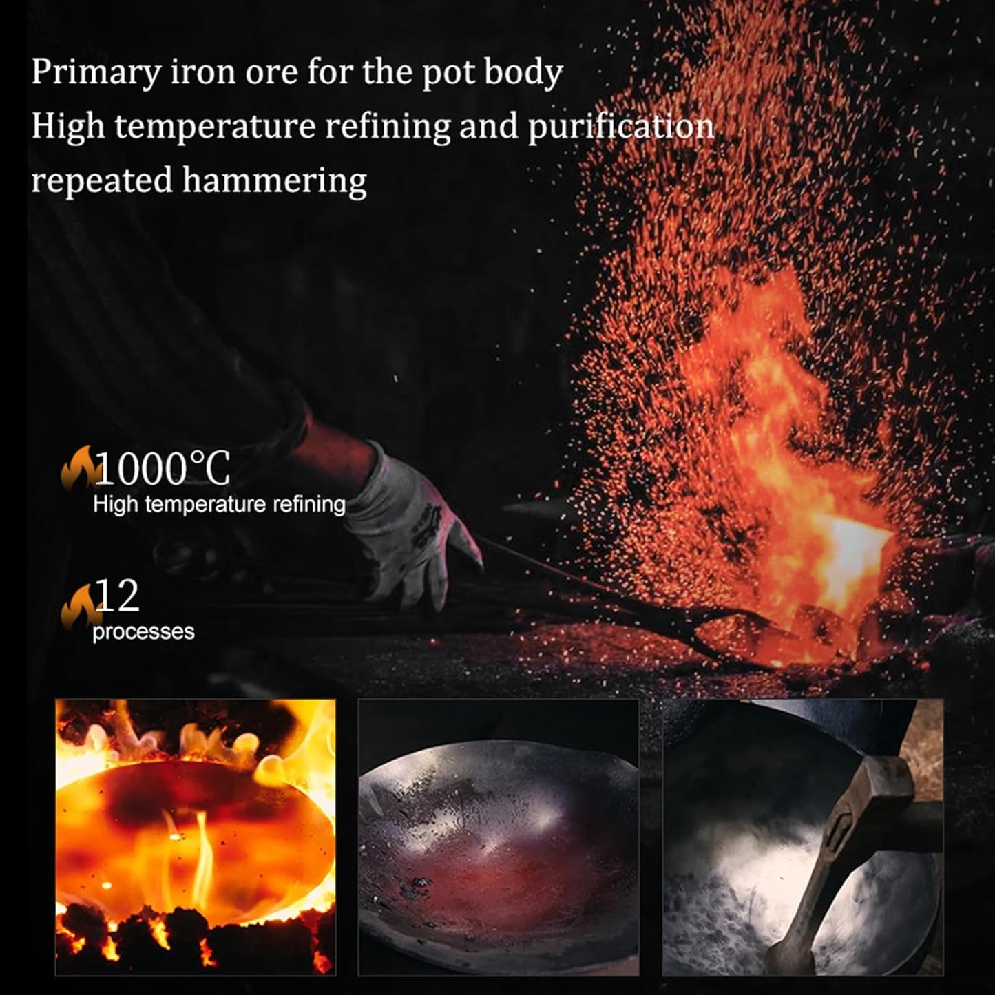 Carbon Steel Wok Pan, 10.2" Woks & Stir-Fry Pans with Glass Lid Cookwares, Nonstick Wok Flat Bottom Small Handmade Chinese Wok For for All Stoves