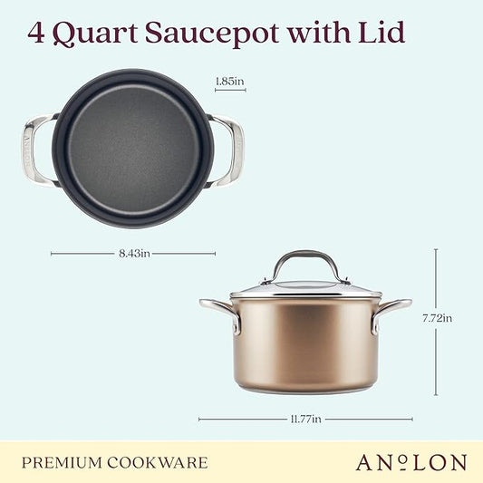 Anolon Ascend Hard Anodized Nonstick Saucepan/Saucepot and Lid - Good for All Stovetops (Gas, Glass Top, Electric & Induction), Dishwasher & Oven Safe with Stainless Steel Handle, 4 Quart - Bronze