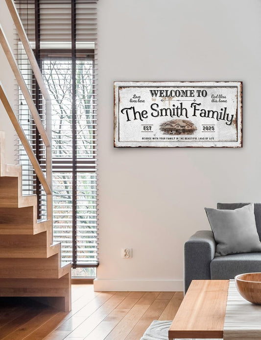 IPIC - Custom Family Welcome Sign, Personalized Canvas Wall Art with House Photo, Name & Date for Home Entryway or Hallway, Rustic Wall Decor Gift, Made in USA