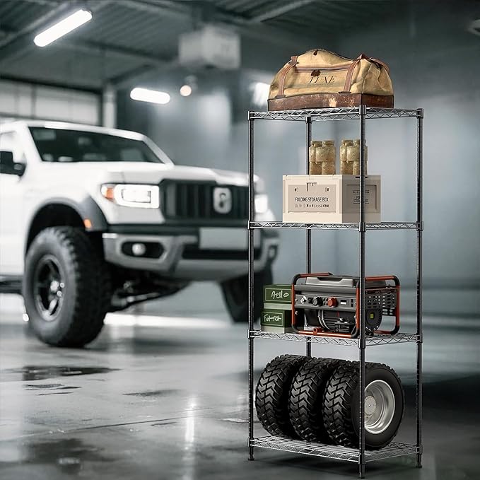 IZEUK 4-Tier Black Steel Storage Shelves, Heavy Duty Utility Wire Rack Organizer for Kitchen, Office, Home, 1000 lbs, 13.7" D x 23.6" W x 53.4" H