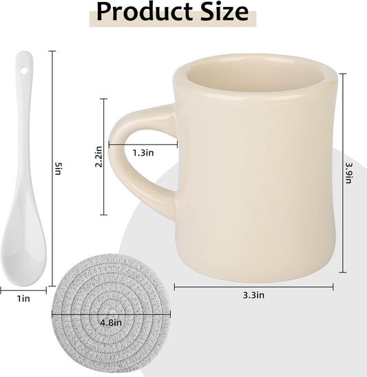 11oz Ceramic Diner Coffee Mug set Stoneware Coffee Cups Set for Restaurant, Diner, Farmhouse, Coffee Shop, Home set of 4 with Coffee spoons and Woven Coasters (Cream)