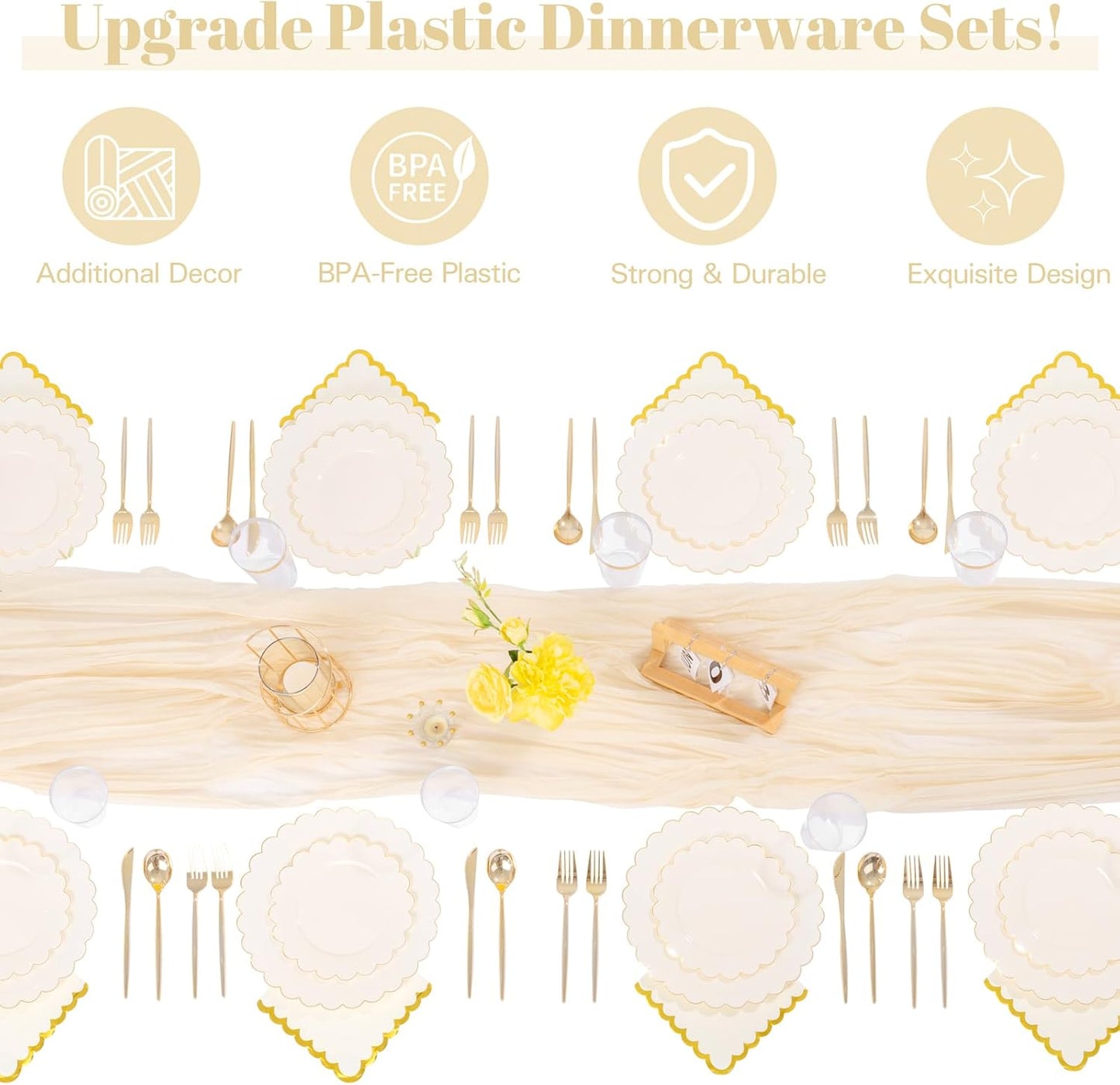 WONDERFUL 351pcs Ivory Plastic Plates - Upgrade Gold Plastic Dinnerware set Includes 100 Disposable Plates 150 Gold Silverware 50 Cups 50 Wedding Napkins 1 Table Runner for Wedding & High End Party