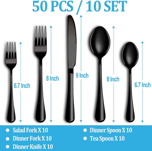50 Pcs Black Silverware Set, Stainless Steel Flatware Set Service for 10, Mirror Polished Cutlery Utensil Sets, Durable Home Kitchen Eating Tableware Sets, Include Fork Knife Spoon, Dishwasher Safe