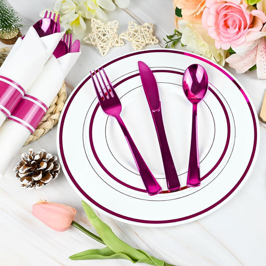 30Pack Pre Rolled Hot Pink Plastic Silverware - Wrapped Hot Pink Disposable Cutlery with Napkins, Pre Rolled Plastic Silverware Set, Disposable Christmas Silverware with Dinner Napkins for Party